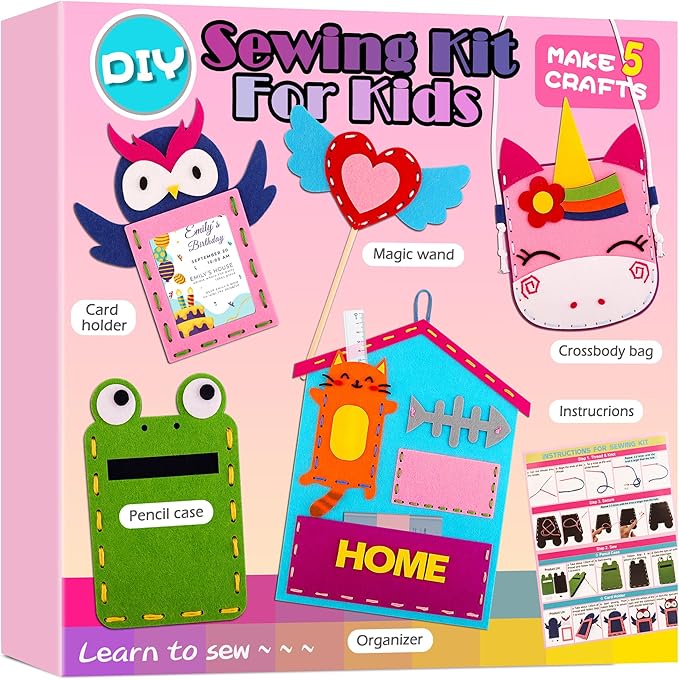 Easy Arts and Crafts for Kids - My First Sewing Kit for Kids Beginner, 5 DIY Projects for Girls Boys Age 4,5,6,7,8 with animal Dolls and Plush Pillow Craft, Learn to Sew, Embroidery, Valentines Gifts