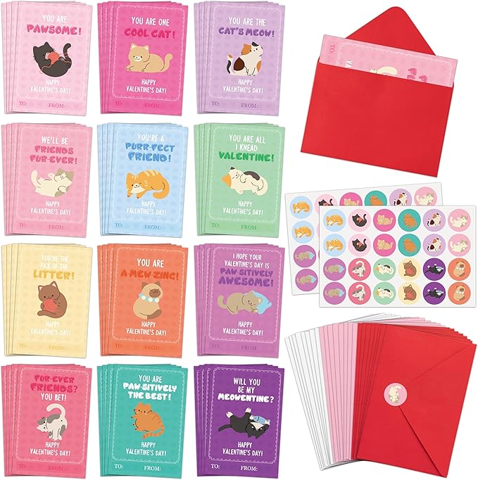 TICIAGA 144pcs Valentine's Day Cartoon Cat Animal Greeting Card with Envelop and Stickers for Kids, Cute Catling Pet Notecard Exchange Gift for Boys and Girls School Classroom Valentines Party Favors