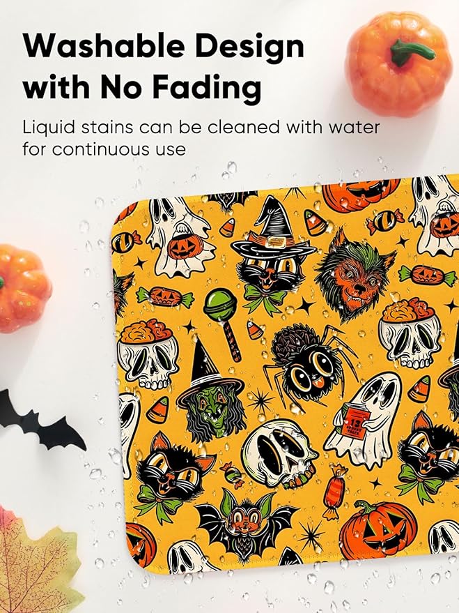 Seorsok Halloween Funny Pumpkin Mouse Mat,Skeleton Skull Decor Mouse Pads for Office Laptop,Washable Square Mousepads with Extended Stitched Edges Non Slip Rubber Base 9.5"x7.8"x0.12" Inch,Yellow