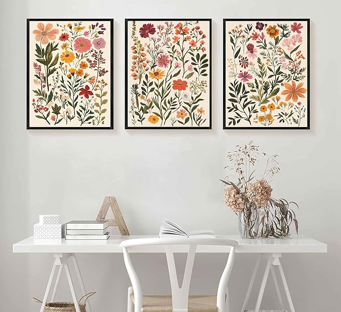 ELESFEK 3Pcs Colorful Wildflower Wall Art Boho Floral Canvas Posters Botanical Prints Flowers Painting Wildflower Nursery Pictures Wall Decor for Living Room Bedroom Unframed
