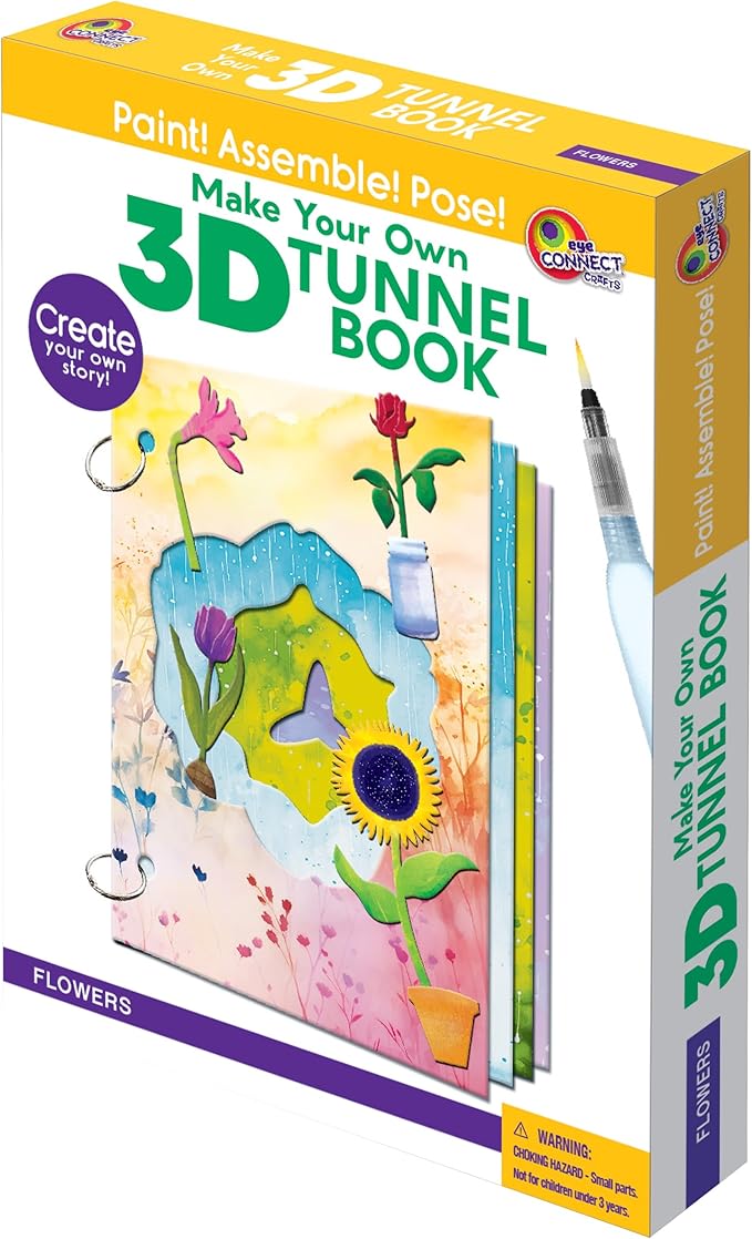 MAKE YOUR OWN 3D TUNNEL BOOK - FLOWERS & MINI POTS | Medium Size DIY Book Art & Craft Kit | Build, Paint & Draw Your Own Book with Mini Animals | Award-Winning STEAM Stationary Set | Ages 3+