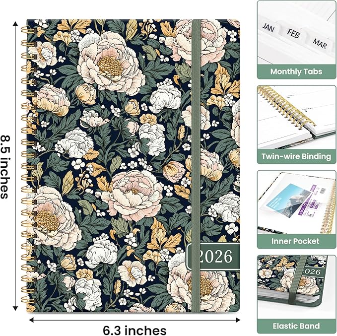 2026 Planner, Monthly and Weekly Calendar Planner for Women, Jan 2026 - Dec 2026, Hardcover Pretty 2026 Agenda Planner Book with Tabs, Spiral Bound, Perfect for School Office Home Supplies, 6.3" x 8.5" - Dark Peony