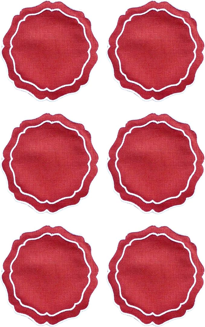 Drink Coasters Set of 6, 6x6 inch, Absorbent Linen Drink Mats with Scalloped Edge, Reusable Handmade Coffee Coasters for Home Decor & Tabletop Protection & Gift Giving (Brick)