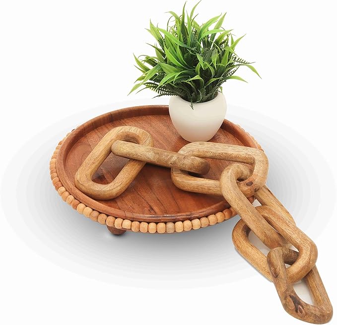 ANONYO Boho Wooden Link Decor for Coffee Object for Coffee Table & Shelf Knot Sculpture, Farmhouse Rustic Shelf Natural Wood Chain Links for Living Room, Entryway, Console,Office Home Accent