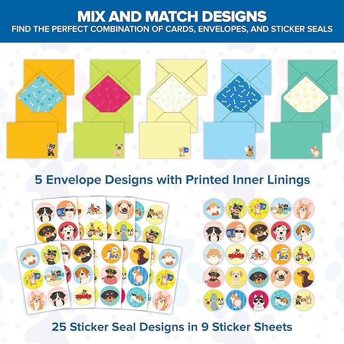 Decorably 50 Pack 6x4in Dog Note Cards with Envelopes and Stickers, 25 Adorable Designs for Friends, Family and Loved Ones, Blank Inside - Baby Shower, Kid's Party, Birthday, Gifting & Mailing