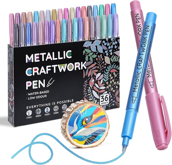 36 Colors Metallic Paint Markers, Acrylic Paint Pens for Rock Painting, Glass, Wood, Fabric, Black Paper, Cards, Scrapbook,DIY Art Crafts (1mm)