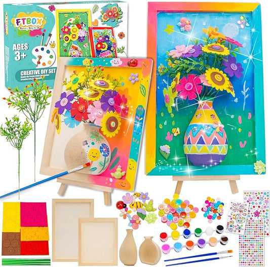 FTBox Crafts Gift for Girls, DIY 3D Felt Flowers Wooden Vase Picture Frame Painting Kit, Arts and Crafts Project for Kids Age 6 7 8 9 10 11 12 Years Old (Felt Flowers)