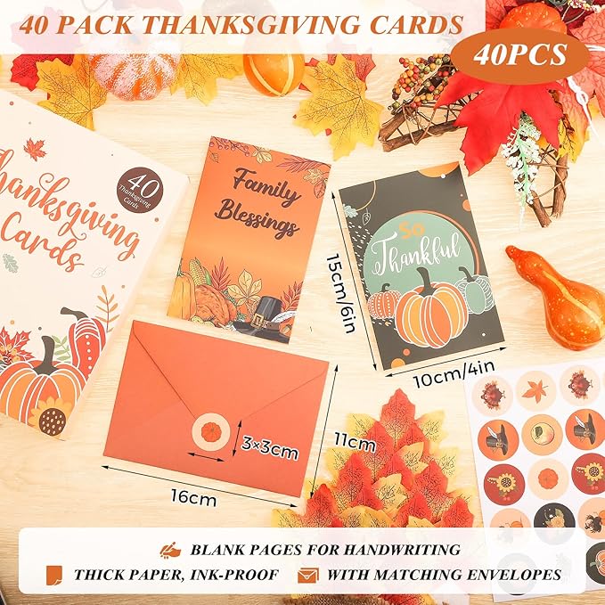 40 Pack Thanksgiving Cards with Envelopes, 4 x 6 in Bulk Thanksgiving Cards with Stickers, 10 Designs Thanks & Blessings Greeting Card Boxed for Fall Autumn Holiday Parties Celebrate the Harvest