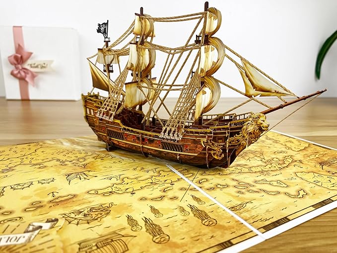 3D Pop Up Greeting Card – Handmade Pirate Ship Card with Treasure Map – Sailing Boat with Skull Flag – Birthday, Adventure Party, Nautical & Retirement Gift