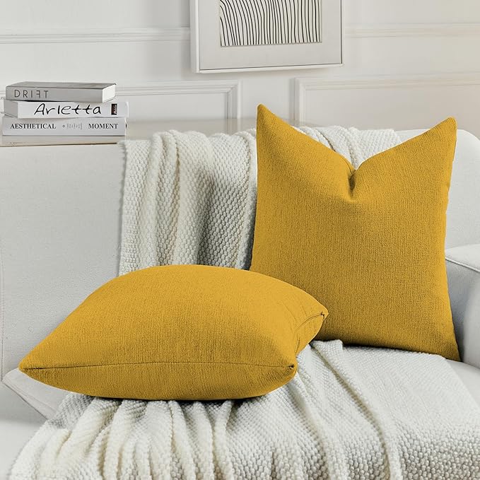 FUTEI Mustard Yellow Chenille Decorative Throw Pillow Covers 12x20 Inch Set of 2,Soft Cozy Faux Linen Textured Lumbar Pillow Cases,Farmhouse Home Decor for Couch Living Room