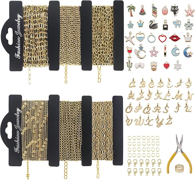 14K Gold Necklace Chain Kit for Jewelry Making, 20 Feet DIY Bracelet Chains with Jump Rings, Lobster Clasps, Connectors, Jewelry Pliers, 30 Colorful Graphic Charms & 36 Letter Pendants