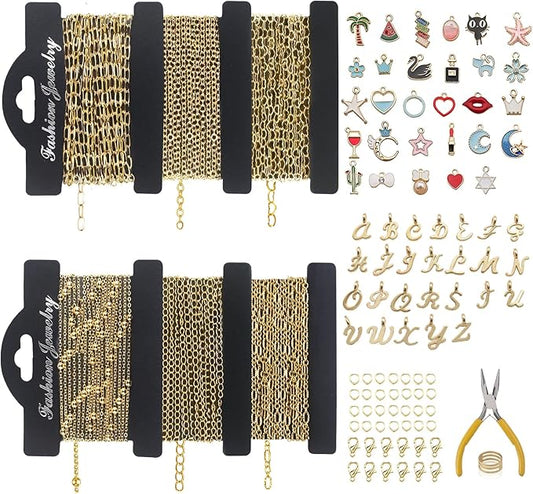 14K Gold Necklace Chain Kit for Jewelry Making, 20 Feet DIY Bracelet Chains with Jump Rings, Lobster Clasps, Connectors, Jewelry Pliers, 30 Colorful Graphic Charms & 36 Letter Pendants