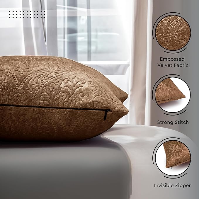 Encasa XO Luxury Embossed Velvet Throw Pillow Covers - Plush Cushion Covers for Elegant Living Rooms & Bedrooms, Machine Washable, 16"x16" Coffee | Set of 2 | Covers Only No Insert