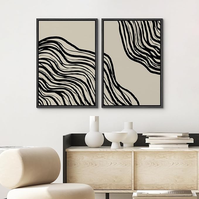 SIGNWIN Framed Canvas Print Wall Art Set Dark Geometric Spiral Wave Collage Abstract Shapes Cozy Neutral Modern Art Minimalism Decorative Nordic for Living Room, Bedroom, Office - 24"x36"x2 Black