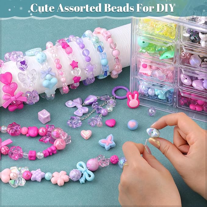 210-270PCS TINKRSTUFF Assorted Acrylic Beads,4 Mixed Colors Cute Beads for Bracelet Making, Bow Flower GummyBear Kawaii Charms, Aesthetic Bead for Necklace Keychain Jewelry Making DIY Phone Charm