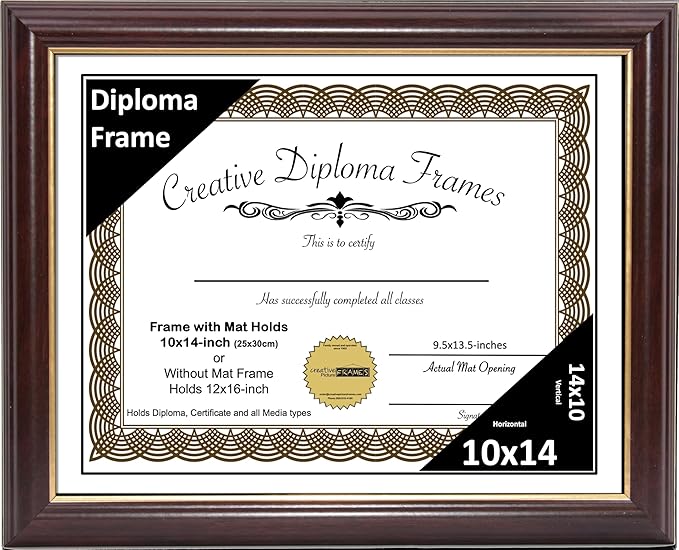 Creative Picture Frames 10x14 Mahogany Gold Rim Diploma Frame with White Mat Glass Easel and Installed Wall Hangers | Frame Holds 12x16 Media without Mat