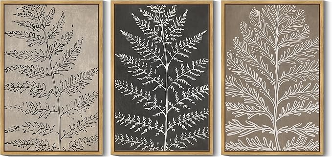 KUVIOKE Vintage Botanical Framed Wall Art Bohemian Tan Plant Leaf Wall Decor Nature Fern Plant Silhouette Wall Painting Home Decor 24x36in (Natural Framed)
