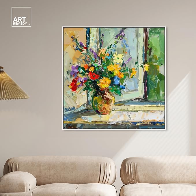 Art Remedy Vase By The Window Framed Impressionism 1 Piece Canvas Wall Art/Monet And Van Gogh Inspired Art, 41" x 41", White Frame