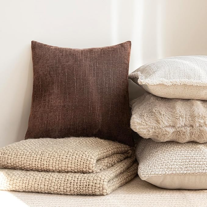 Foindtower Pack of 2 Soft Textured Chenille Throw Decorative Pillow Covers Square Accent Solid Cushion Cover Cozy Neutral Farmhouse Pillow Case for Couch Sofa Bedroom Living Room 26x26 Inch,Red Brown