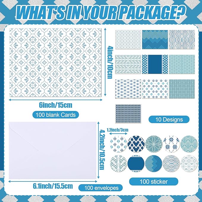 100 Pcs Blue Hue Floral Design Blank Greeting Cards 4x6, Geometric Silver Foil Blank Cards, 10 Designs, Great Stationary Set for All Occasions with Matching White Envelopes and Stickers