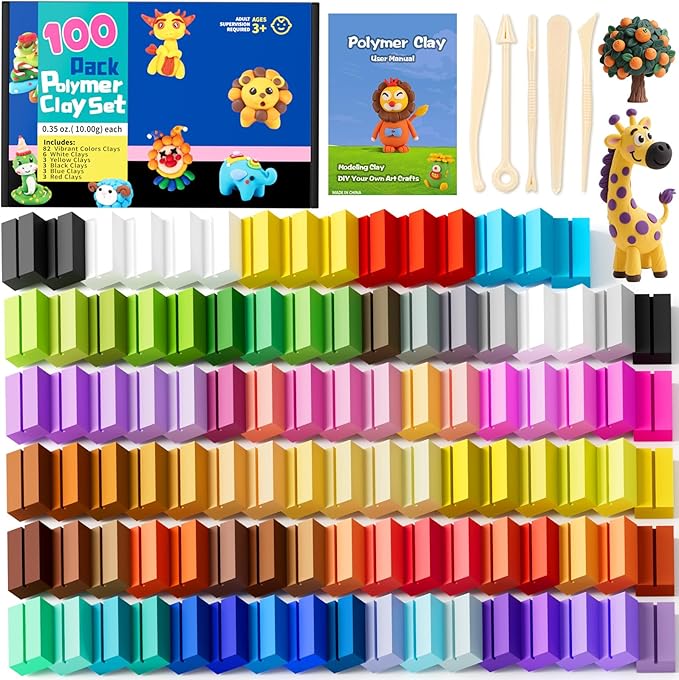CiaraQ Polymer Clay, 100 Colors Modeling Clay for Kids, Non-Toxic, Non-Sticky, Small Blocks Oven Bake Clay, DIY Mold Starter Kits, Gifts for Children&Adult and Artist.