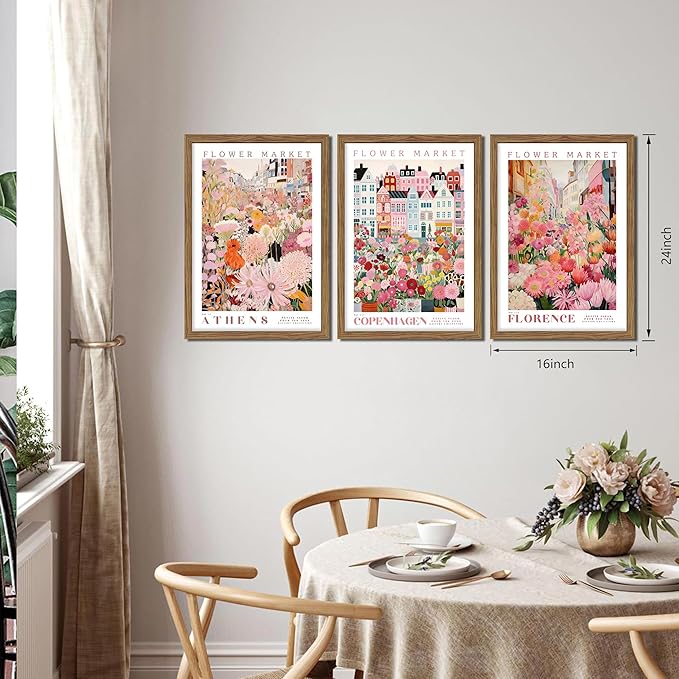 Floral Wall Art Set of 3, Colorful Flower Market Canvas Wall Decor Paintings, Pink Wildflower Botanical Posters Prints Pictures Artwork for Bedroom Living Room 16x24 Inch Wood Framed