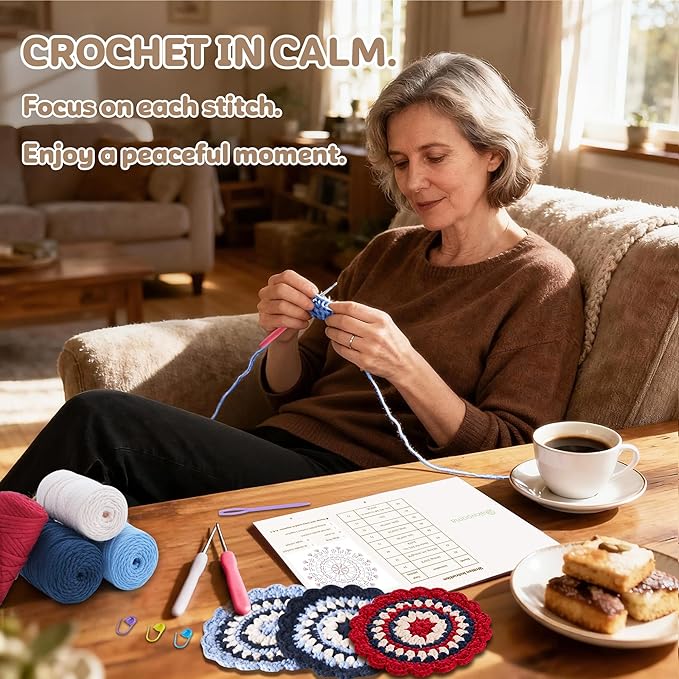 OAKWOOMA Crochet Kit for Beginners, Easy Arts and Crafts Knitting & Crochet Coaster Kit with Step-by-Step Video Tutorials, Crochet Starter Kits for Adults, Teens, Kids (Mandala)