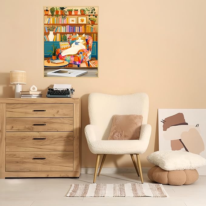 Painting by Numbers Kit for Adults Beginner,Charming Cat Bookshelf Color by Numbers for Adults,Adult Paint by Number Kits on Canvas,Paint by Numbers Easy Oil Painting for Home Wall Decor11.8X15.8 Inch