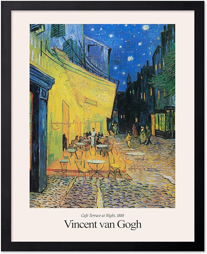 Monem Art Vintage Van Gogh Poster - Retro Impressionist Print - Cafe Terrace at Night, Arles, Stars, Aesthetic - Gift for Artist, Friend - Wall Decor for Home, Office, 11x14 Black Framed