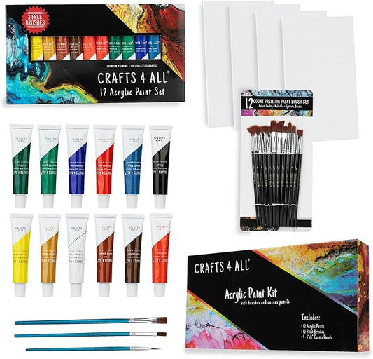 Crafts 4 All Acrylic Paint Set for Adults and Kids - 12 Pack of 12mL Paints with 12 Art Brushes & 4 Stretched Canvas Boards, Non-Toxic Craft Paint for Easter Eggs, Ceramic Rock Paint - Art Supplies