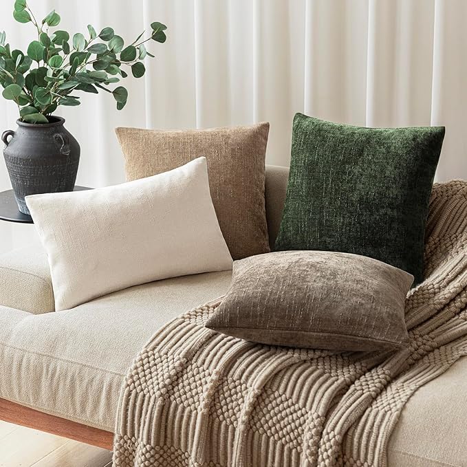 Foindtower Pack of 2 Soft Textured Chenille Throw Decorative Pillow Covers Square Accent Solid Cushion Cover Neutral Farmhouse Pillow Case for Couch Sofa Bedroom Living Room 18x18 Inch,Dark Green