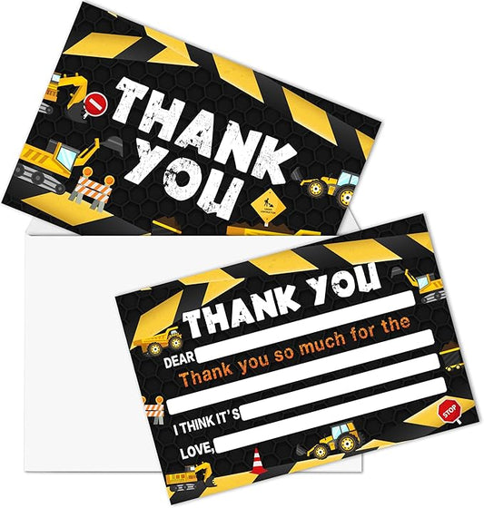 Construction Kids Thank You Cards, Excavator Crane Thank You Card For Birthday Party, Kids Birthday Cards Fill In The Blank, 20 Pack Greeting Cards With Envelopes For Boys And Girls, 012