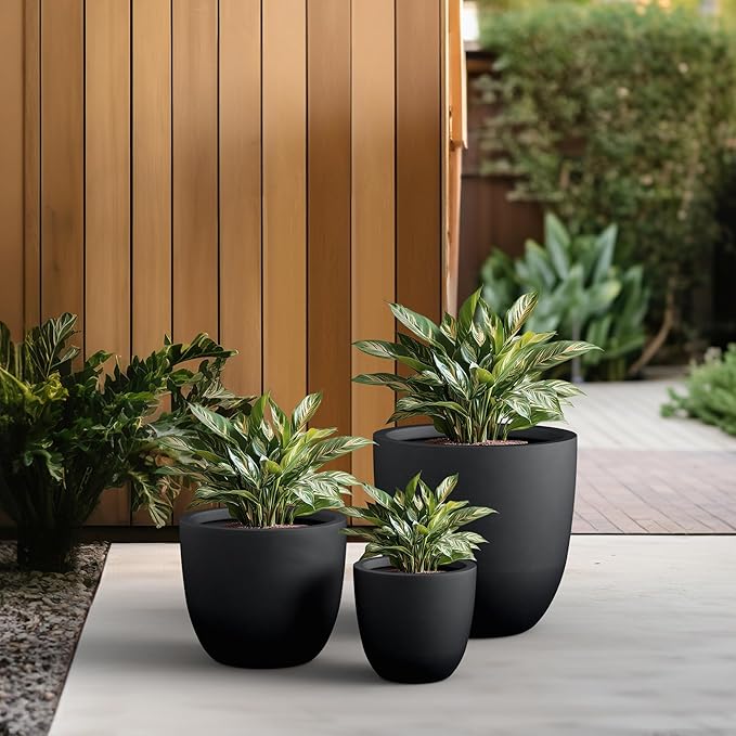 Kante 18",14",10" Dia Concrete Round Planters (Set of 3), Outdoor Indoor Large Planter Pots with Drainage Hole and Rubber Plug for Home Patio Garden, Black