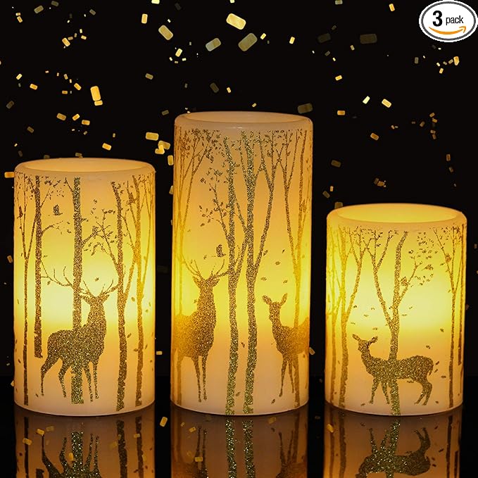 GenSwin Flickering Flameless Candles Battery Operated with 6 Hours Timer, Real Wax Led Pillar Candles Deer Decal Warm Light, Pack of 3 Christmas Home Decor