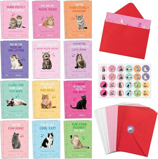 TICIAGA 72pcs Valentine's Day Cat Animal Greeting Card with Envelop and Stickers for Kids, Cute Kitten Catling Pet Notecard Exchange Gift for Boys and Girls School Classroom, Valentines Party Favors
