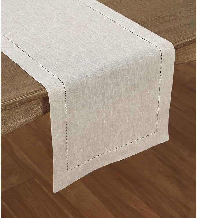 Solino Home Linen Light Natural Table Runner 108 Inches Long - 100% Pure Linen 16 x 108 Inch Table Runner for Spring, Easter - Classic Hemstitch