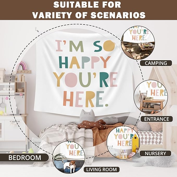 XLDLIOO Boho Classroom Tapestry, Boho Classroom Decor, Inspirational Wall Tapestry Hanging for Bedroom, I'm So Happy You're Here, Educational Welcome Tapestries Wall Decor Art for Kids Dorm Living Room Party 60x50in