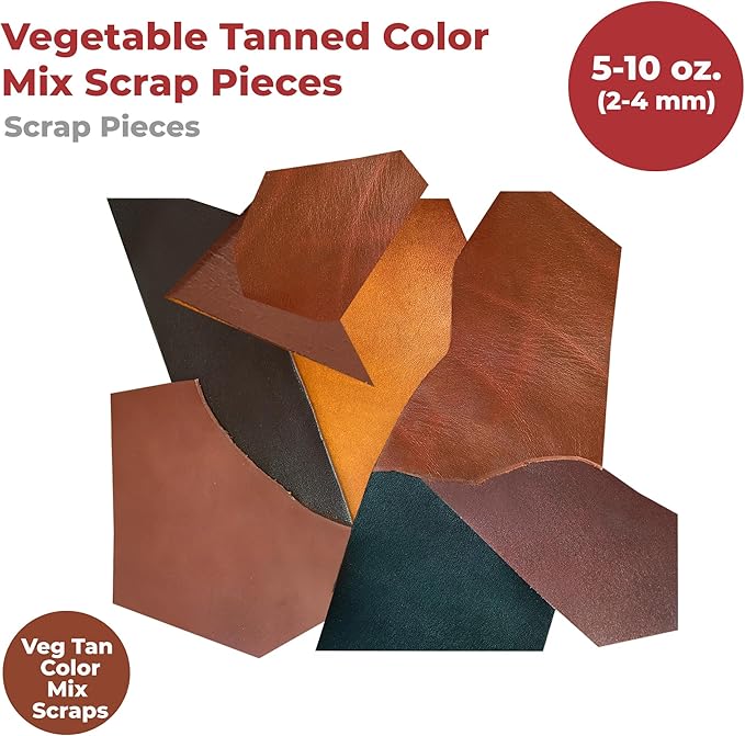 ELW Vegetable Tanned Leather Scraps | 8-10 oz Heavy Duty Weight | Size: 1 LB | Genuine Cowhide Full Grain Leather Remnants for DIY, Crafting, Leatherworking, Tooling | Color: Veg Tanned - Mixed Color