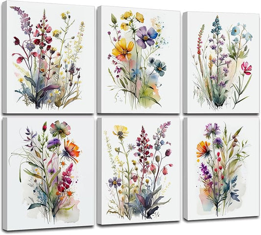 Framed Colorful Wildflower Art,Botanical Plant Leaves Canvas Wall art,Watercolor Minimalist Wildflowers Art Print,Watercolor Blooming Floral Flower Artwork for Garden Farmhouse Decor Set of 6(8"x10")