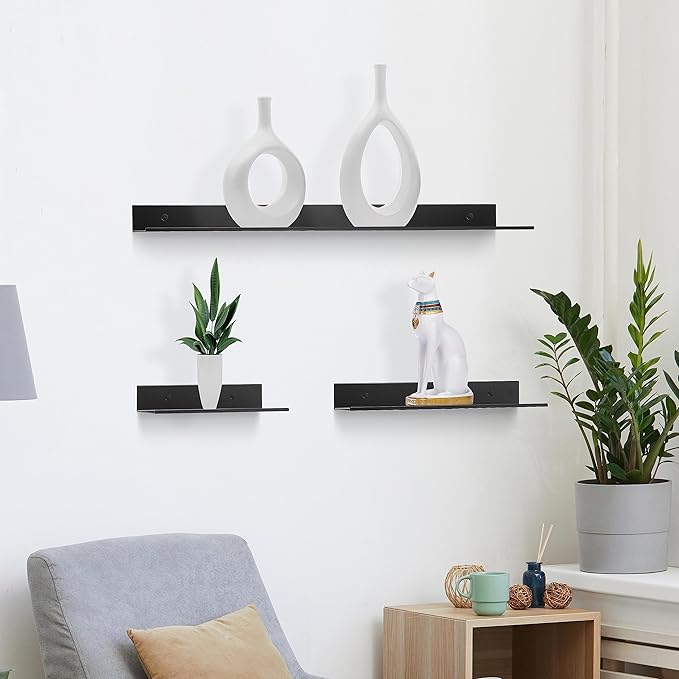 Z metnal Small Adhesive Floating Shelves, Mini Metal Shelf, Decor Display Wall Shelf, Aluminum, Wall Mounted, Matt Black, 12 inch,1 pcs