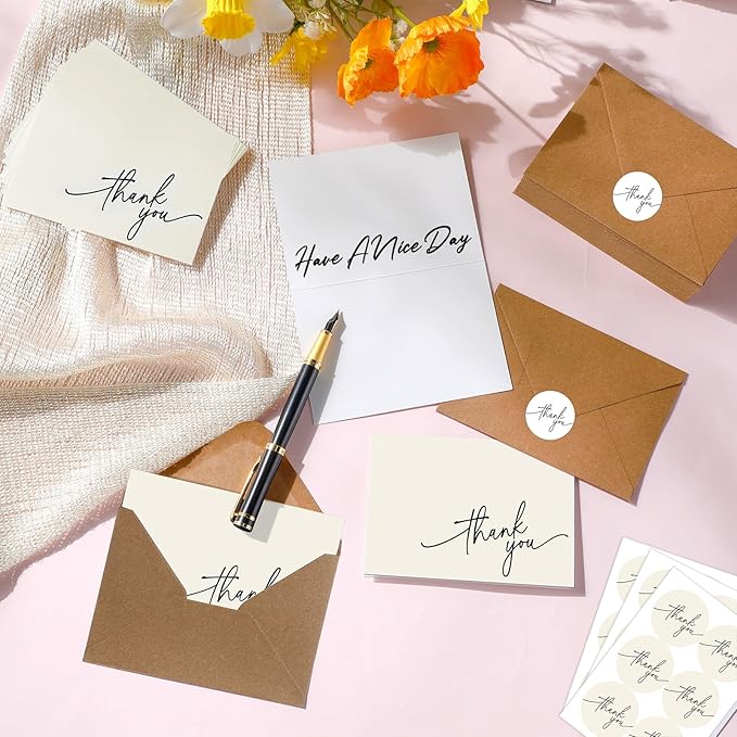 Gueevin 200 Pcs Thank You Cards with Kraft Envelopes and Stickers Bulk, 3.5 x 5 Inch Classy Blank Thank You Notes for Wedding, Business, Graduation, Baby Shower, Bridal Shower, Funeral(Cream)