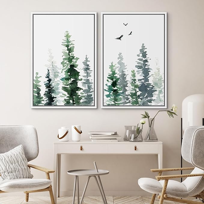 SIGNWIN Watercolor Green & Gray Forest and Birds Nature Wall Art Print Set, Framed Canvas Art Prints for Living Room, Bedroom, Office - 16''x24''x2 - Modern Art Rustic Relax/Calm Multicolor