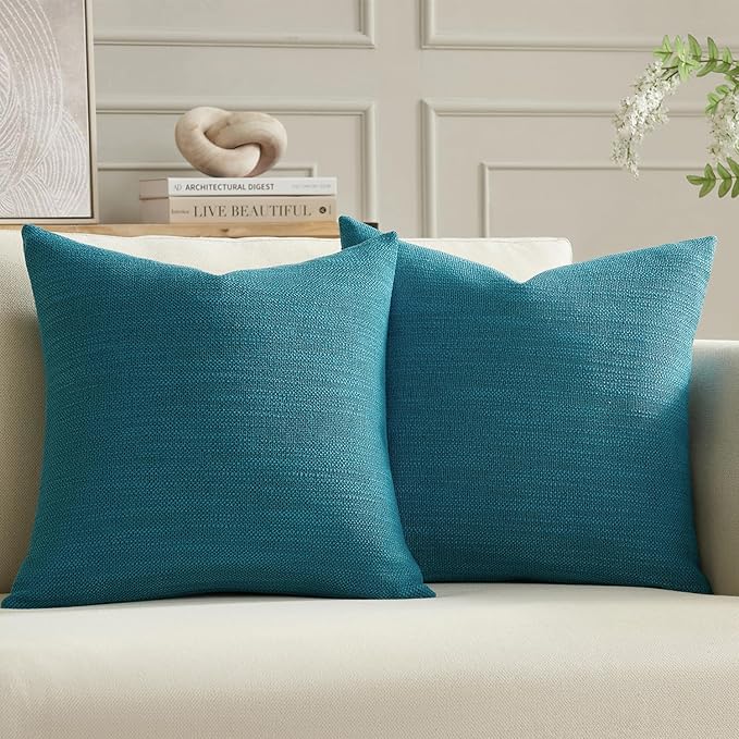 Meekio Set of 2 Linen Look Teal Pillow Covers 18x18, Decorative Throw Pillow Covers for Couch, Sofa, Bed & Living Room Decor
