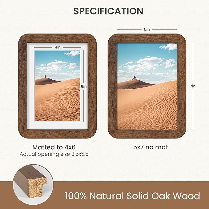 Dreamland 5x7 Picture Frame Set of 3, Solid Oak Wood Photo Frame with Mat for 4x6, Round Corner 5 x 7 Matted Picture Frames with Resistant Plexiglass for Wall Mounting or Tabletop, Walnut Color