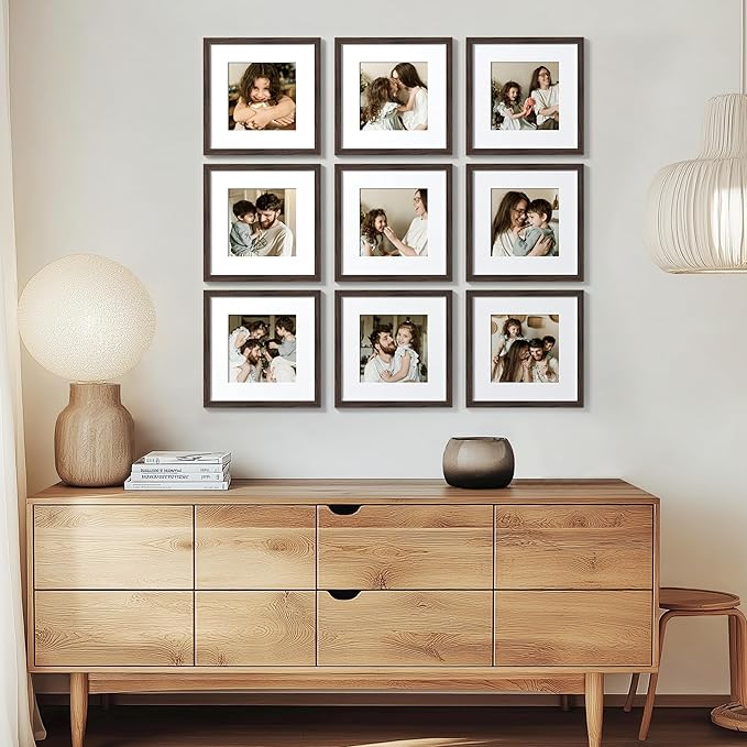 eletecpro 12x12 Picture Frames Set of 9 with Mat for 8x8 Photos or without Mat for 12x12, Square Gallery Wall Decor Collage for Picture Display, Walnut Brown Frame Set for Wall Hanging