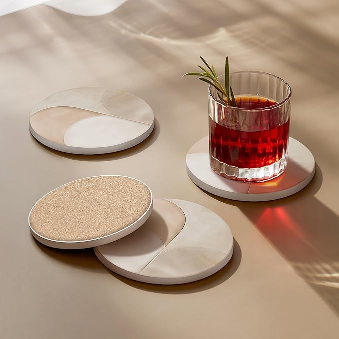 VEYRO Ceramic Coasters Set of 4 – Absorbent Stone Drink Coasters with Holder, Non-Slip Cork Backing, Modern Marble Look Coasters for Coffee Table, Desk & Home Decor