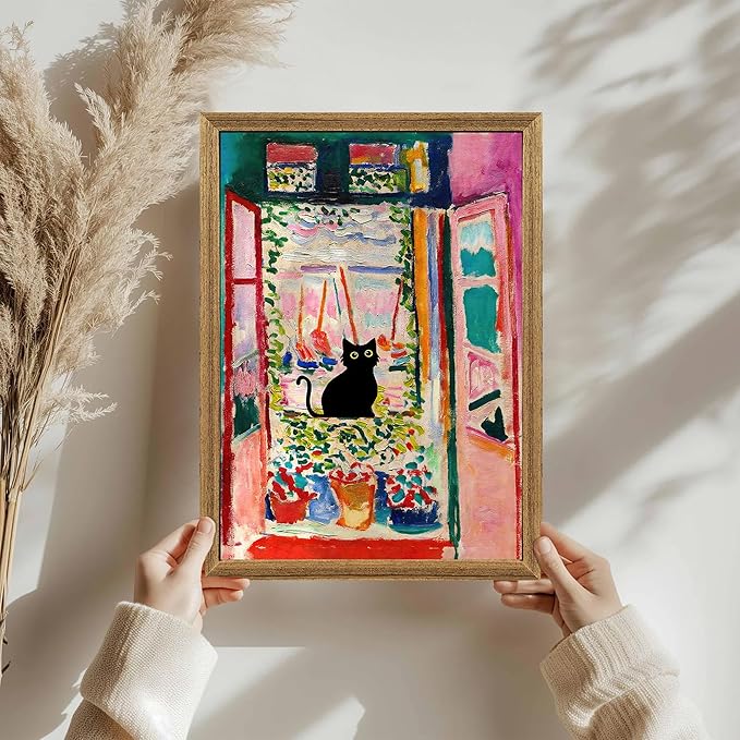 Fantasy Artists Henri Matisse Cat Wall Art, Framed Open Window Black Cat Canvas Poster Prints, Abstract Aesthetic Wall Decors for Living Room, Oil Paintings for Room Bathroom Decorations 16" X 24"