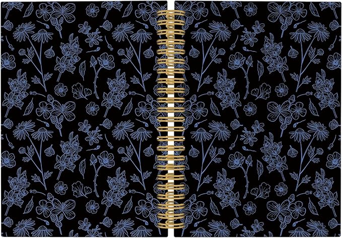 Pugwak Vintage Floral Dark Journal Notebook - Aesthetic Black Botanical Flower Notebooks College Ruled for Work School, Gifts for Women Coworker, Office Supplies, Hardcover Spiral Notebook 5.5"x8.3"