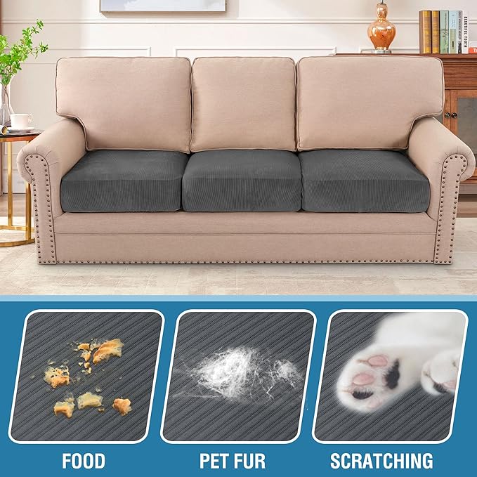 H.VERSAILTEX Velvet Stretch Couch Cushion Cover Plush Cushion Slipcover for Chair Loveseat Sofa Cushion Furniture Protector Seat Cushion Sofa Cover (3 Piece XL Sofa Cushion Covers, Grey Striped)