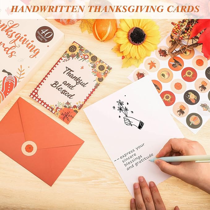 40 Pack Thanksgiving Cards with Envelopes, 4 x 6 in Bulk Thanksgiving Cards with Stickers, 10 Designs Thanks & Blessings Greeting Card Boxed for Fall Autumn Holiday Parties Celebrate the Harvest
